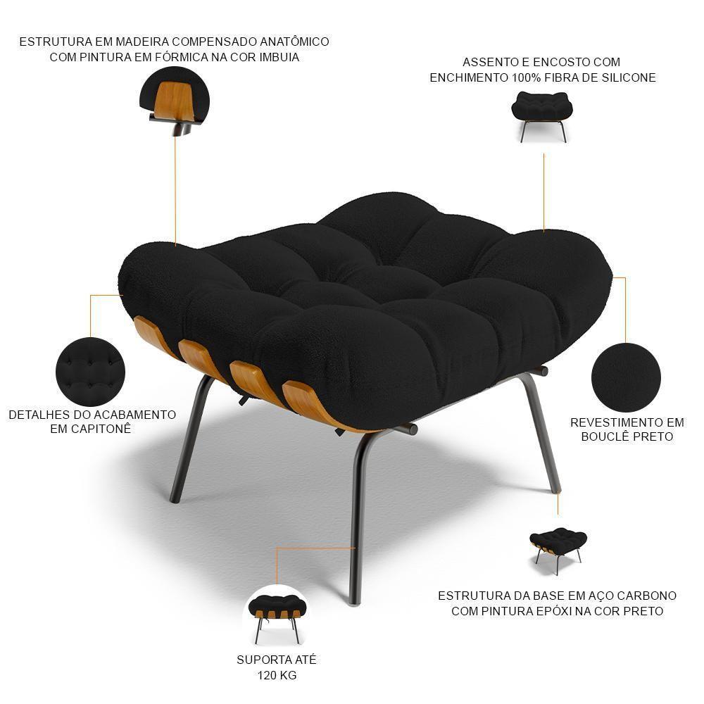 Poltrona Costela L02 Com Puff Sala De Estar Bouclê Preto - Lyam Decor - 5