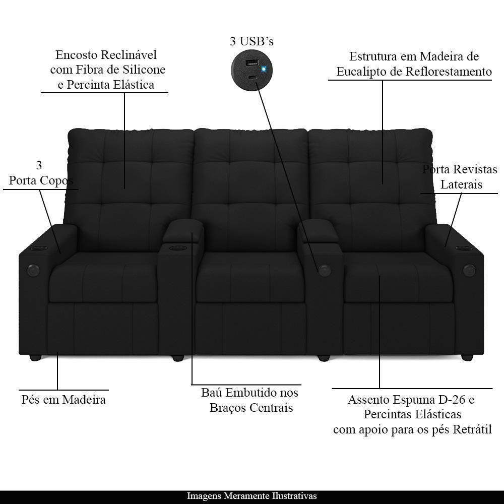 Poltrona Do Papai Reclinável Cinema 3 Lugares Manual Baú Usb Haifa F05 Facto Preto - Lyam Decor - 8