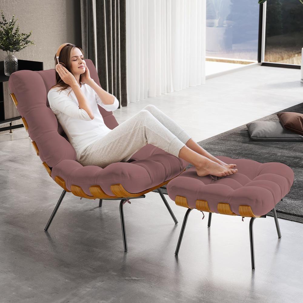 Poltrona Costela L02 Com Puff Sala De Estar Suede Rosê - Lyam Decor - 9