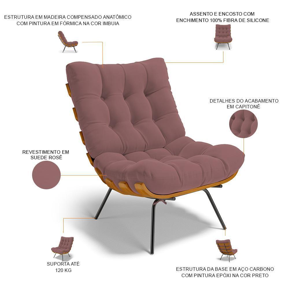 Poltrona Costela L02 Com Puff Sala De Estar Suede Rosê - Lyam Decor - 10