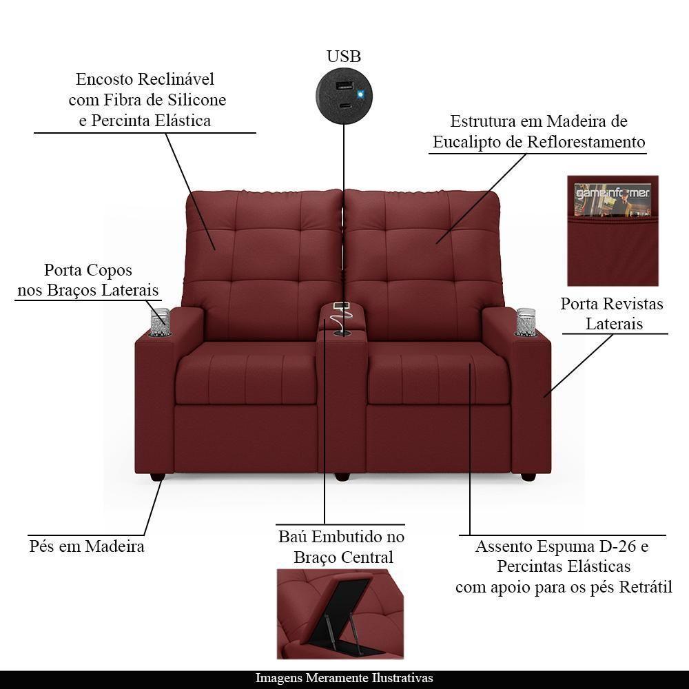 Poltrona Do Papai Reclinável Cinema 2 Lugares Manual Baú Usb Haifa F05 Facto Vermelho - Lyam Decor - 8