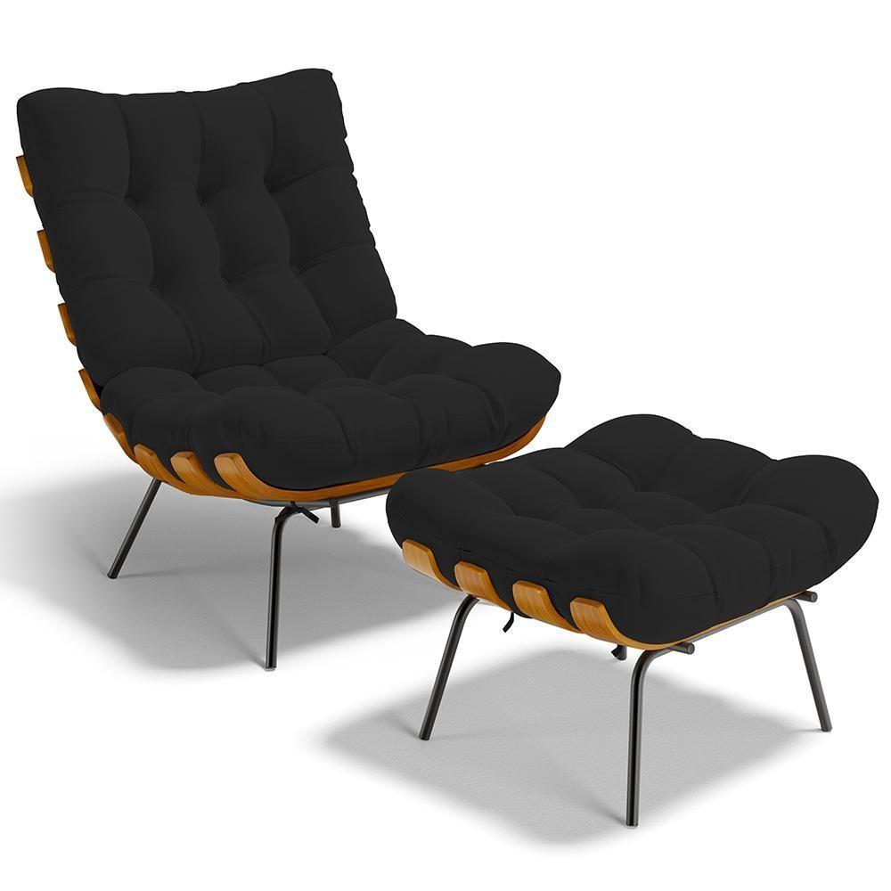 Poltrona Costela L02 Com Puff Sala De Estar Suede Preto - Lyam Decor - 1