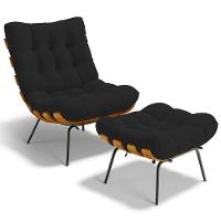 Poltrona Costela L02 Com Puff Sala De Estar Suede Preto - Lyam Decor - 1