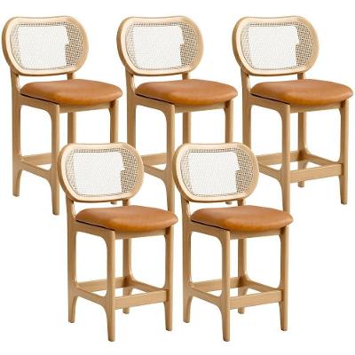 Kit 5 Banquetas Betta Courino Estrutura Madeira com Encosto Bege para Cozinha e Bar