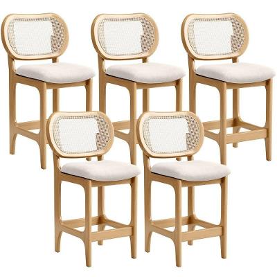 Kit 5 Banquetas Baixa Betta Assento Linho Estrutura Madeira com Encosto Tela Mel