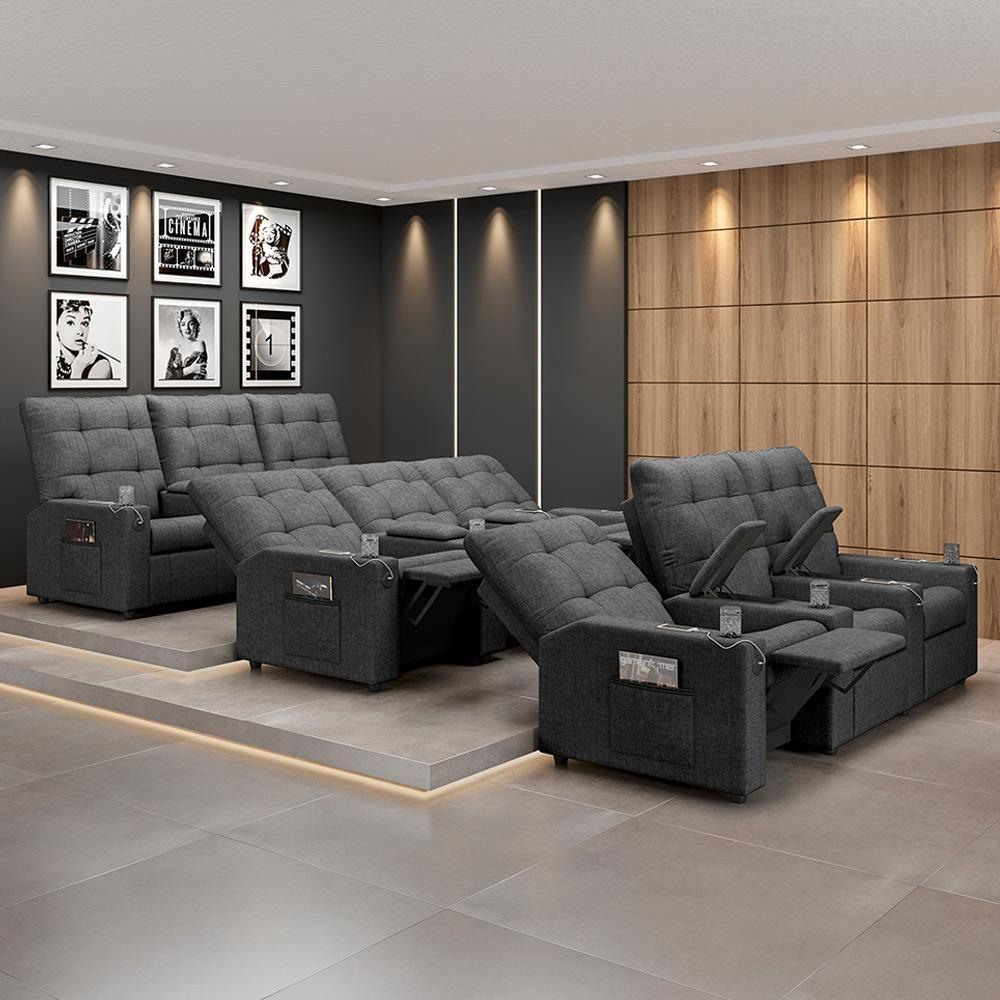 Poltrona Do Papai Reclinável Cinema 3 Lugares Manual Baú Usb Haifa F05 Linho Chumbo - Lyam Decor - 7