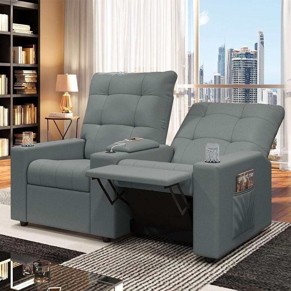 Poltrona Do Papai Reclinável Cinema 2 Lugares Manual Baú Usb Haifa F05 Facto Cinza - Lyam Decor - 7