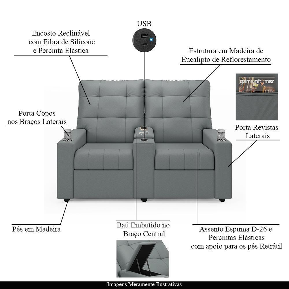Poltrona Do Papai Reclinável Cinema 2 Lugares Manual Baú Usb Haifa F05 Facto Cinza - Lyam Decor - 8