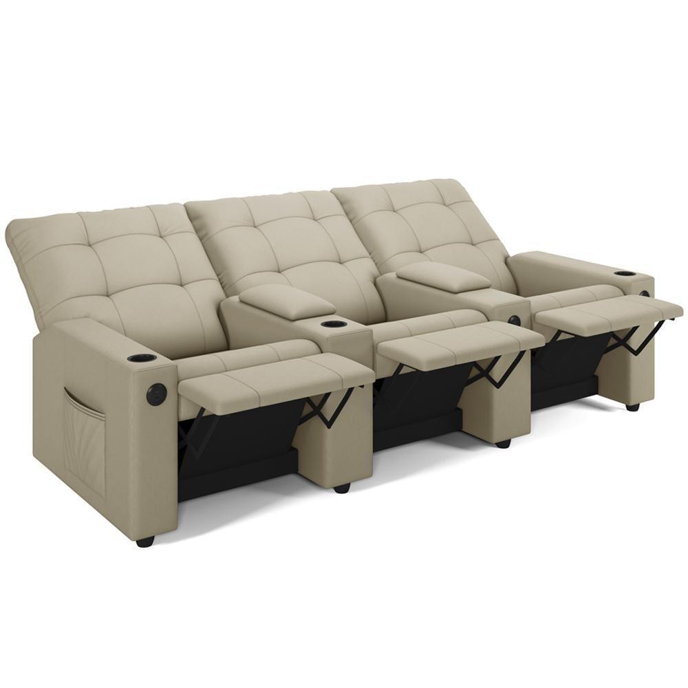 Poltrona Do Papai Reclinável Cinema 3 Lugares Manual Baú Usb Haifa F05 Facto Bege - Lyam Decor - 1