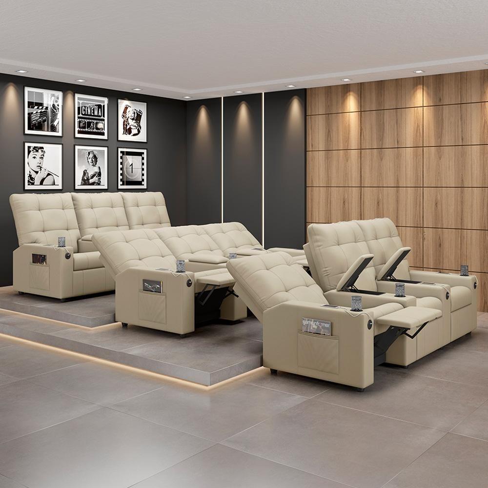 Poltrona Do Papai Reclinável Cinema 3 Lugares Manual Baú Usb Haifa F05 Facto Bege - Lyam Decor - 3