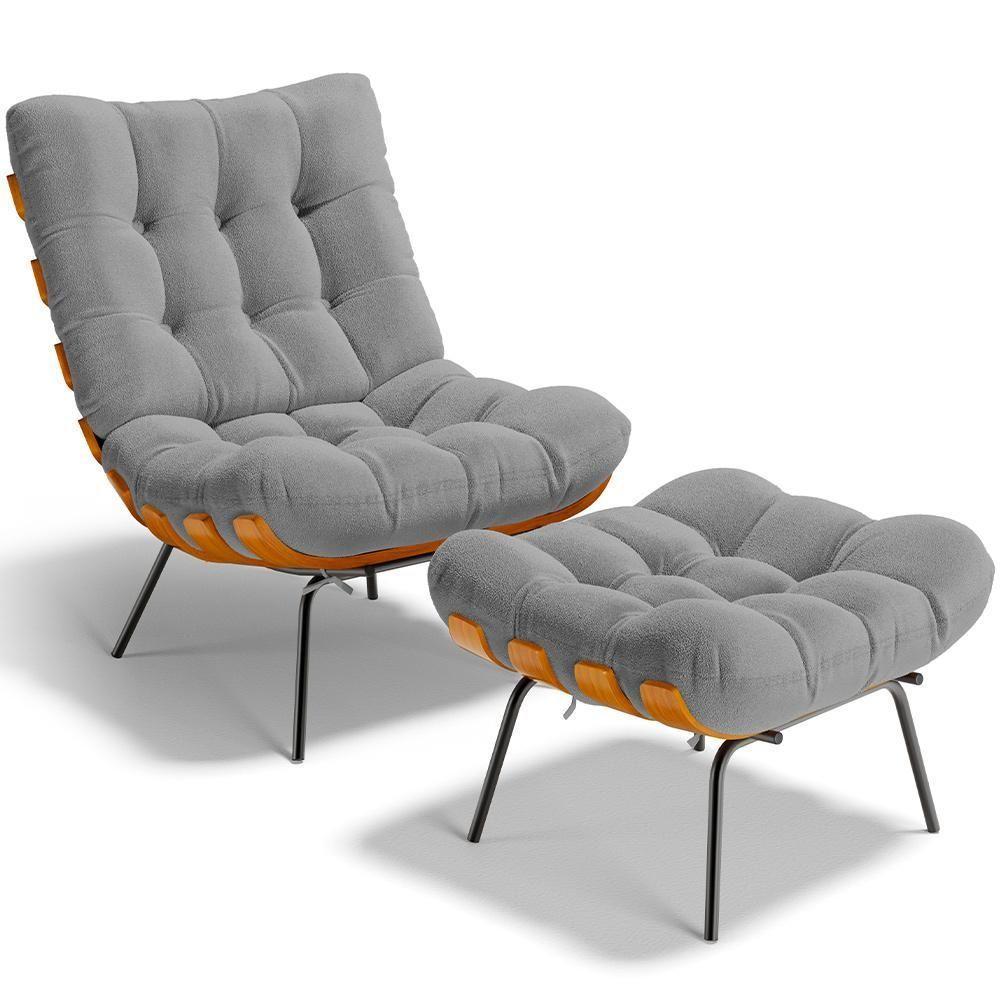 Poltrona Costela L02 Com Puff Sala De Estar Bouclê Cinza - Lyam Decor - 1