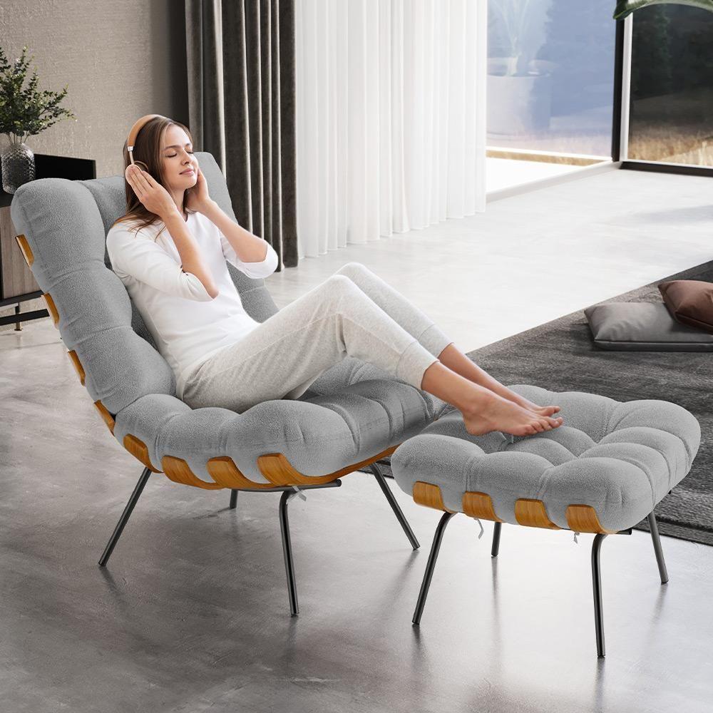 Poltrona Costela L02 Com Puff Sala De Estar Bouclê Cinza - Lyam Decor - 9