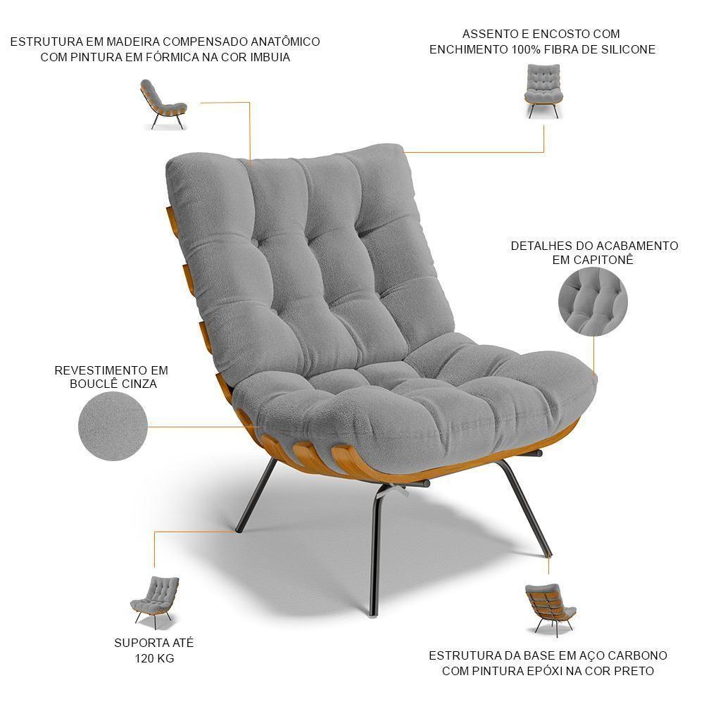 Poltrona Costela L02 Com Puff Sala De Estar Bouclê Cinza - Lyam Decor - 10