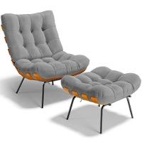 Poltrona Costela L02 Com Puff Sala De Estar Bouclê Cinza - Lyam Decor - 1