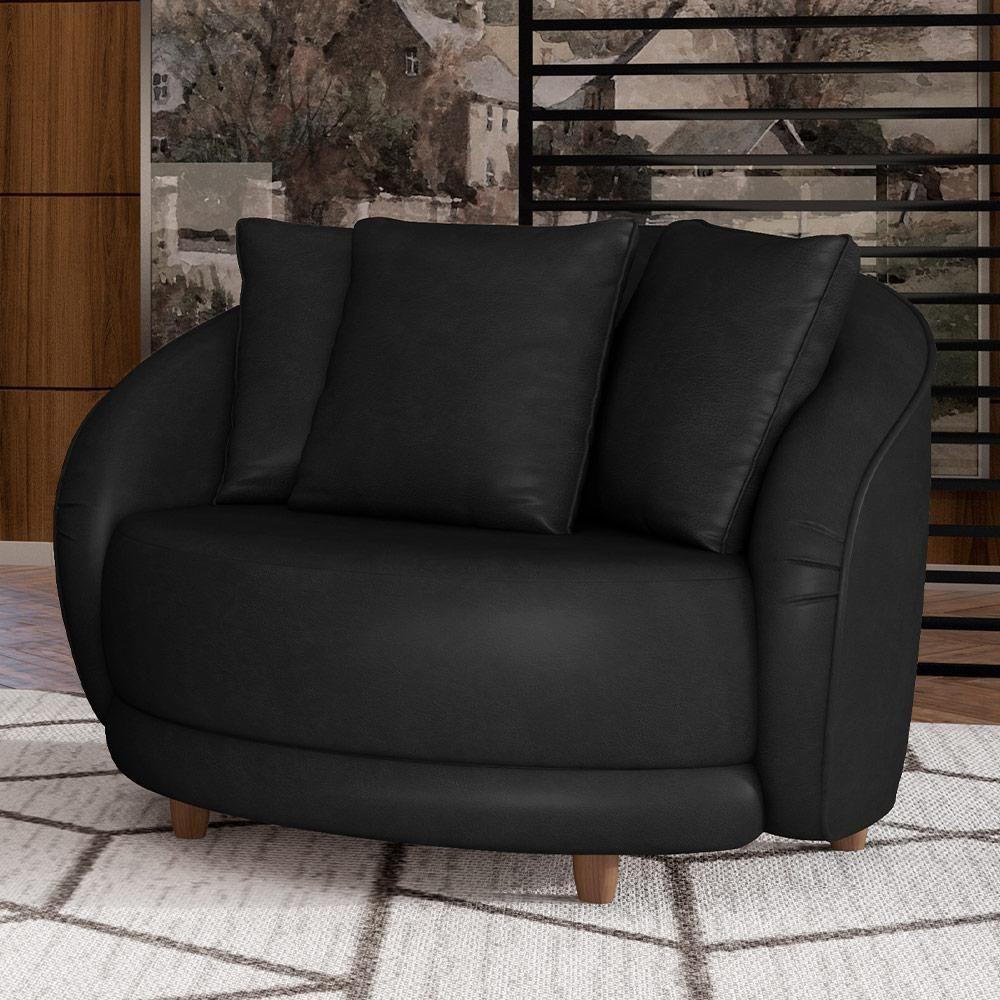 Kit 02 Poltronas Decorativas Base Fixa Pés Madeira Witta M03 Couríssimo Preto - Lyam Decor - 6