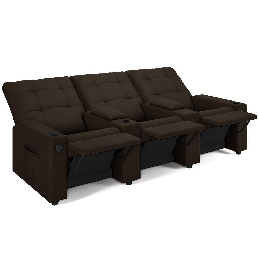 Poltrona Do Papai Reclinável Cinema 3 Lugares Manual Baú Usb Haifa F05 Facto Marrom - Lyam Decor - 1