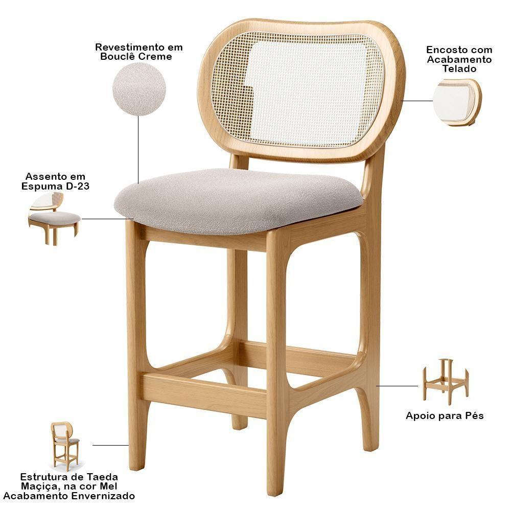 Kit 2 Banquetas Baixa Bar Cozinha Sala De Jantar Betta L02 Mel Tela Bouclê Creme - Lyam Decor - 7