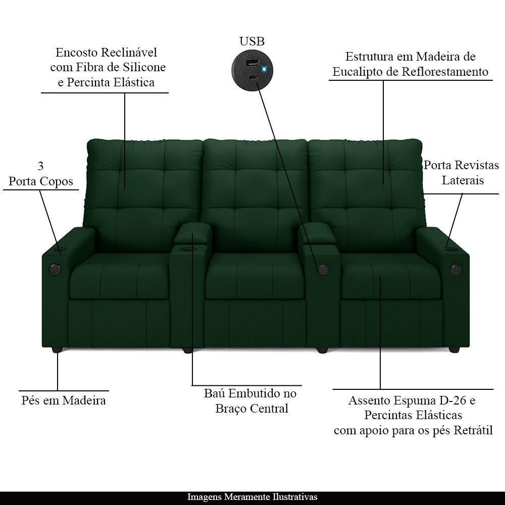 Poltrona Do Papai Reclinável Cinema 3 Lugares Manual Baú Usb Haifa F05 Veludo Verde E - Lyam Decor - 7