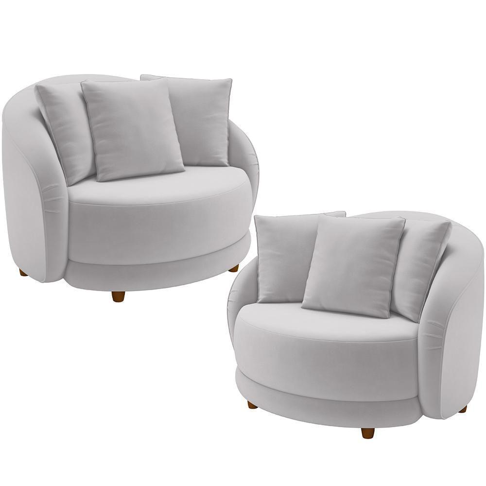 Kit 02 Poltronas Decorativas Base Fixa Pés Madeira Witta M03 Veludo Cinza - Lyam Decor - 1