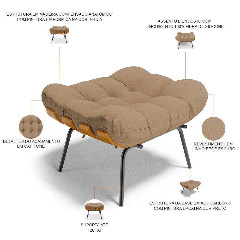 Poltrona Costela L02 Com Puff Sala De Estar Linho Bege Escuro - Lyam Decor - 5