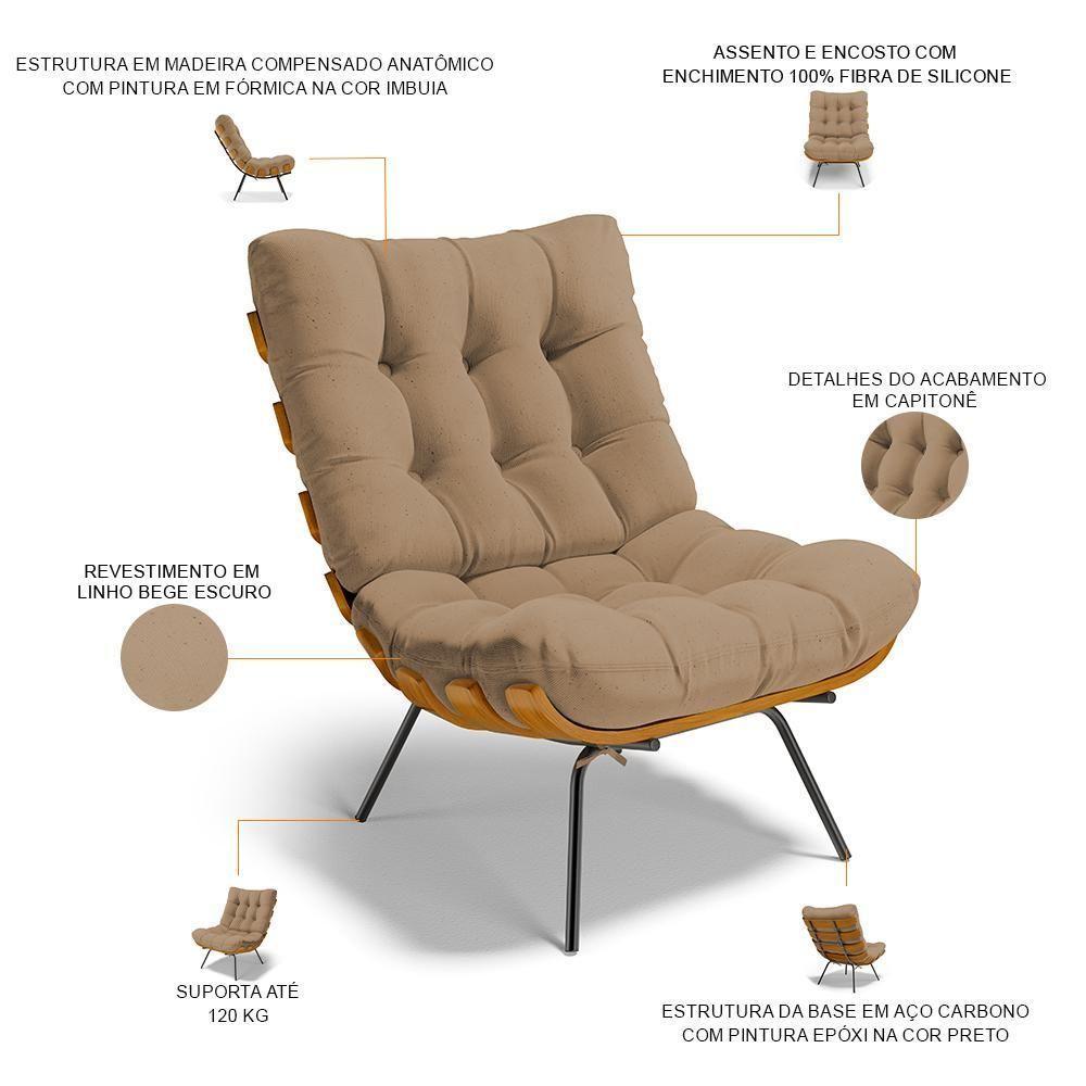 Poltrona Costela L02 Com Puff Sala De Estar Linho Bege Escuro - Lyam Decor - 10
