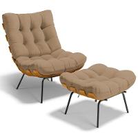 Poltrona Costela L02 Com Puff Sala De Estar Linho Bege Escuro - Lyam Decor - 1