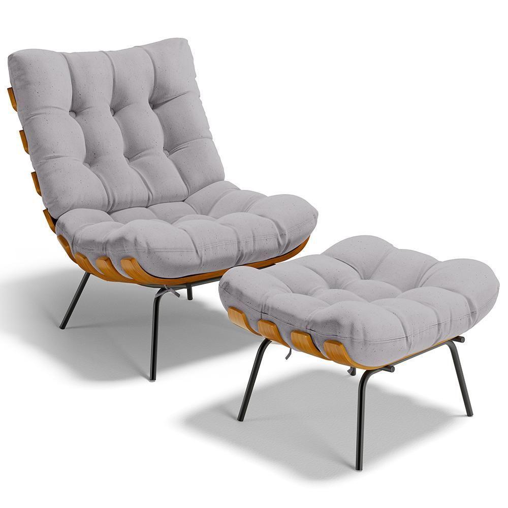 Poltrona Costela L02 Com Puff Sala De Estar Linho Cinza - Lyam Decor - 1