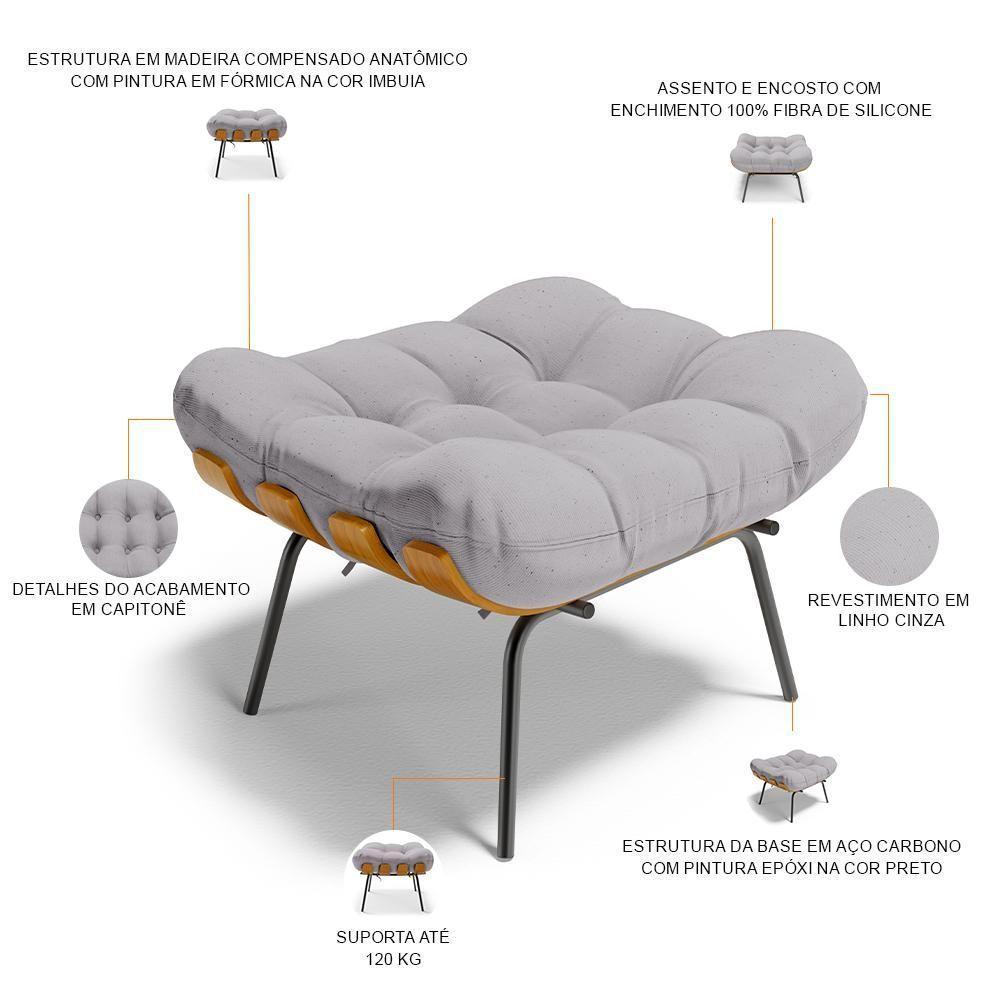 Poltrona Costela L02 Com Puff Sala De Estar Linho Cinza - Lyam Decor - 5