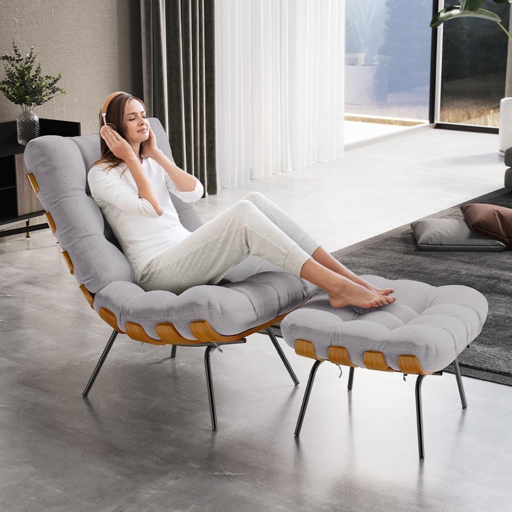 Poltrona Costela L02 Com Puff Sala De Estar Linho Cinza - Lyam Decor - 9