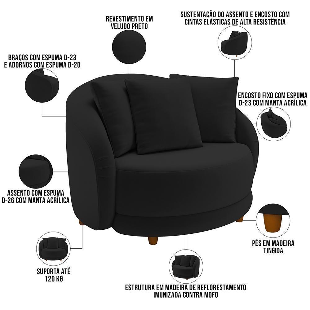Poltrona Decorativa Base Fixa Pés Madeira Witta M03 Veludo Preto - Lyam Decor - 7