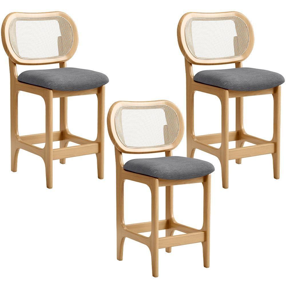 Kit 3 Banquetas Baixa Bar Cozinha Sala De Jantar Betta L02 Mel Tela Linho Cinza Escuro - Lyam Decor - 1