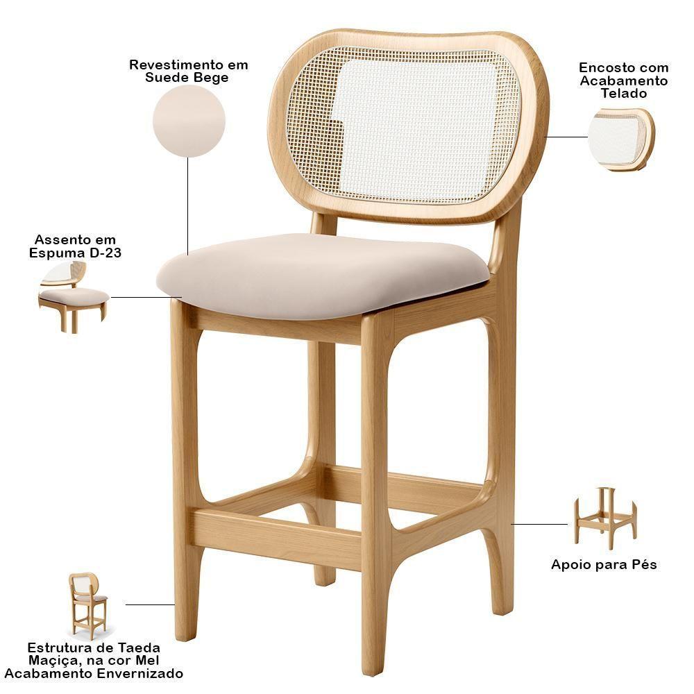 Kit 5 Banquetas Baixa Bar Cozinha Sala De Jantar Betta L02 Mel Tela Suede Bege - Lyam Decor - 7