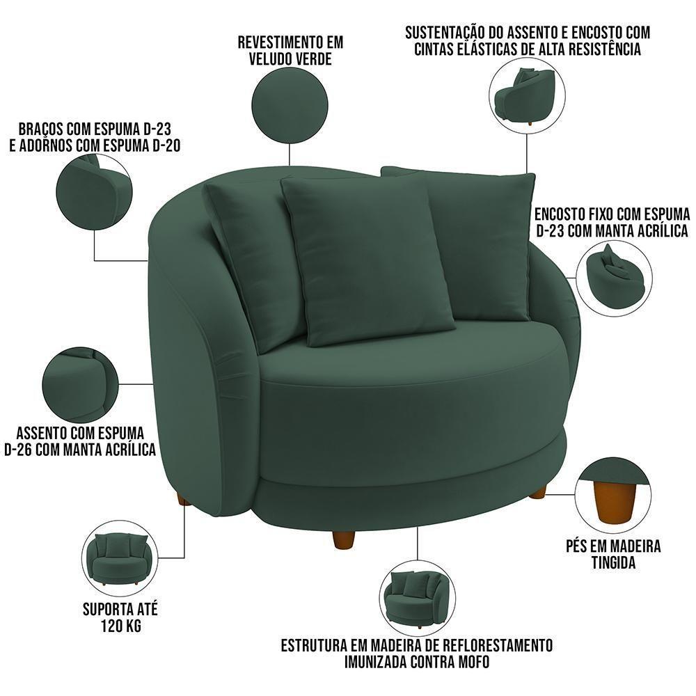 Kit 02 Poltronas Decorativas Base Fixa Pés Madeira Witta M03 Veludo Verde - Lyam Decor - 7