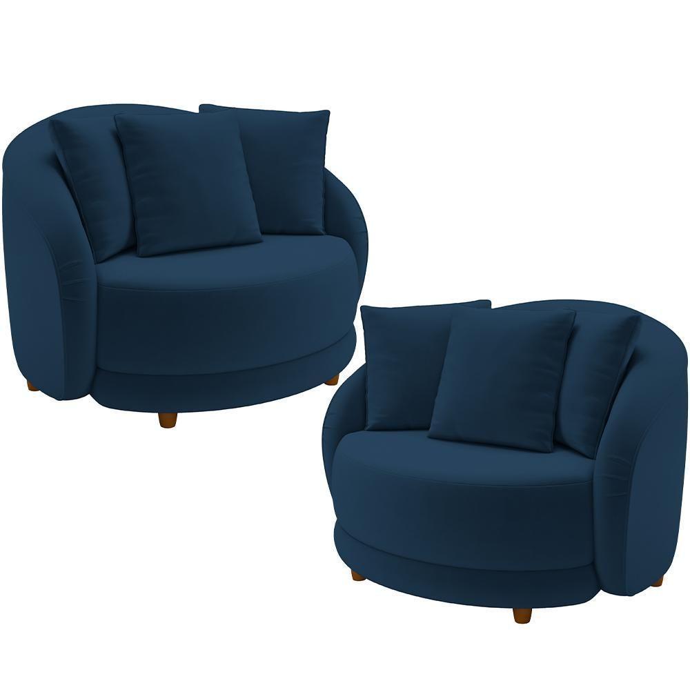 Kit 02 Poltronas Decorativas Base Fixa Pés Madeira Witta M03 Veludo Azul - Lyam Decor - 1