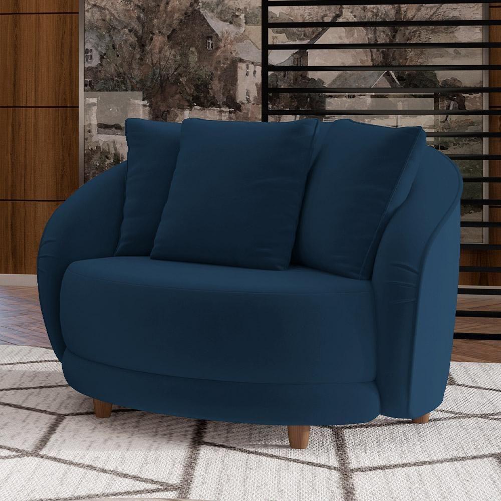 Kit 02 Poltronas Decorativas Base Fixa Pés Madeira Witta M03 Veludo Azul - Lyam Decor - 6