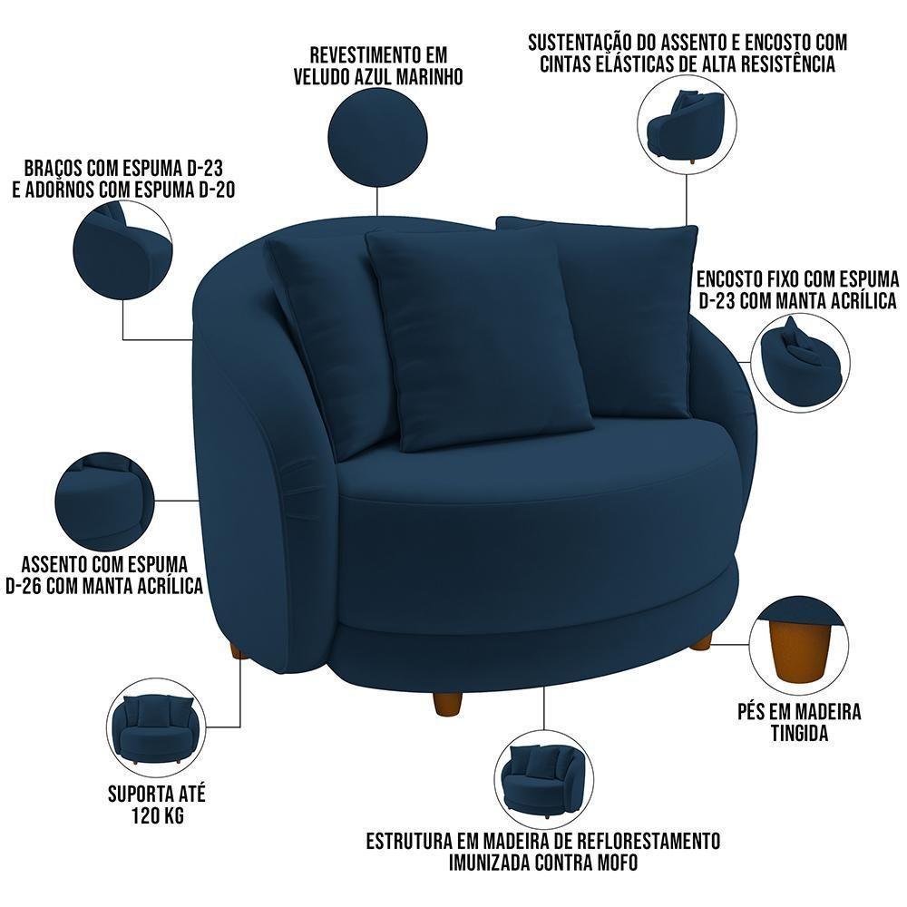 Kit 02 Poltronas Decorativas Base Fixa Pés Madeira Witta M03 Veludo Azul - Lyam Decor - 7