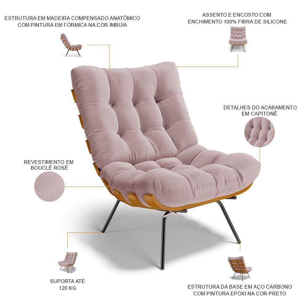 Poltrona Costela L02 Com Puff Sala De Estar Bouclê Rosê - Lyam Decor - 10