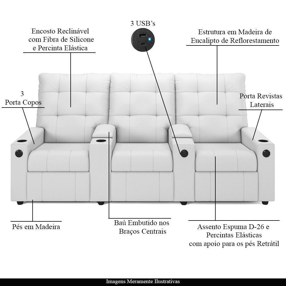 Poltrona Do Papai Reclinável Cinema 3 Lugares Manual Baú Usb Haifa F05 Facto Branco - Lyam Decor - 8