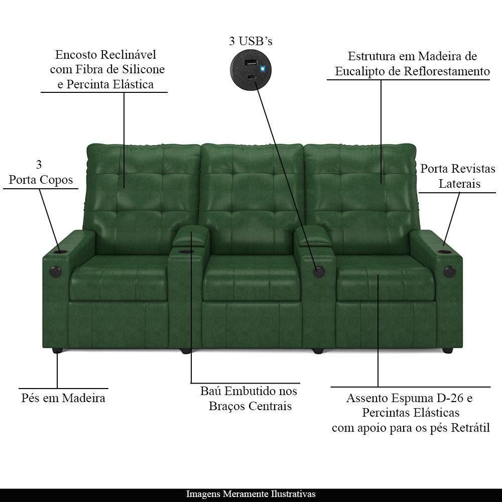 Poltrona Do Papai Reclinável Cinema 3 Lugares Manual Baú Usb Haifa F05 Facto Verde Musgo -lyam Decor - 7