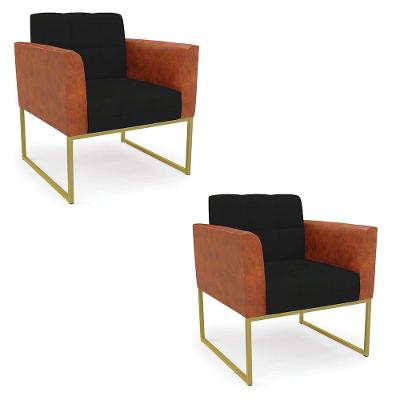 Poltrona Base Industrial Dourado Kit 2 Elisa Nozes-linho Preto A79 D03 - D'rossi