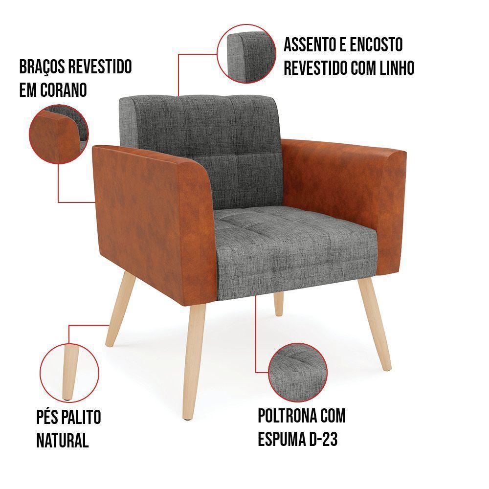 Poltrona Pés Palito Natural Kit 2 Elisa Nozes-linho Grafite A26 D03 - D'rossi - 3