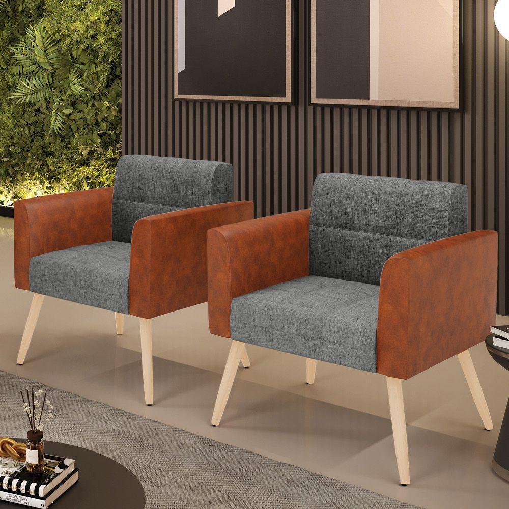 Poltrona Pés Palito Natural Kit 2 Elisa Nozes-linho Grafite A26 D03 - D'rossi - 5