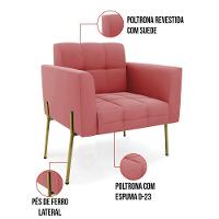 Poltrona Pé De Ferro Dourado Para Sala Kit 2 Elisa Suede Rosê D03 - D'rossi - 3