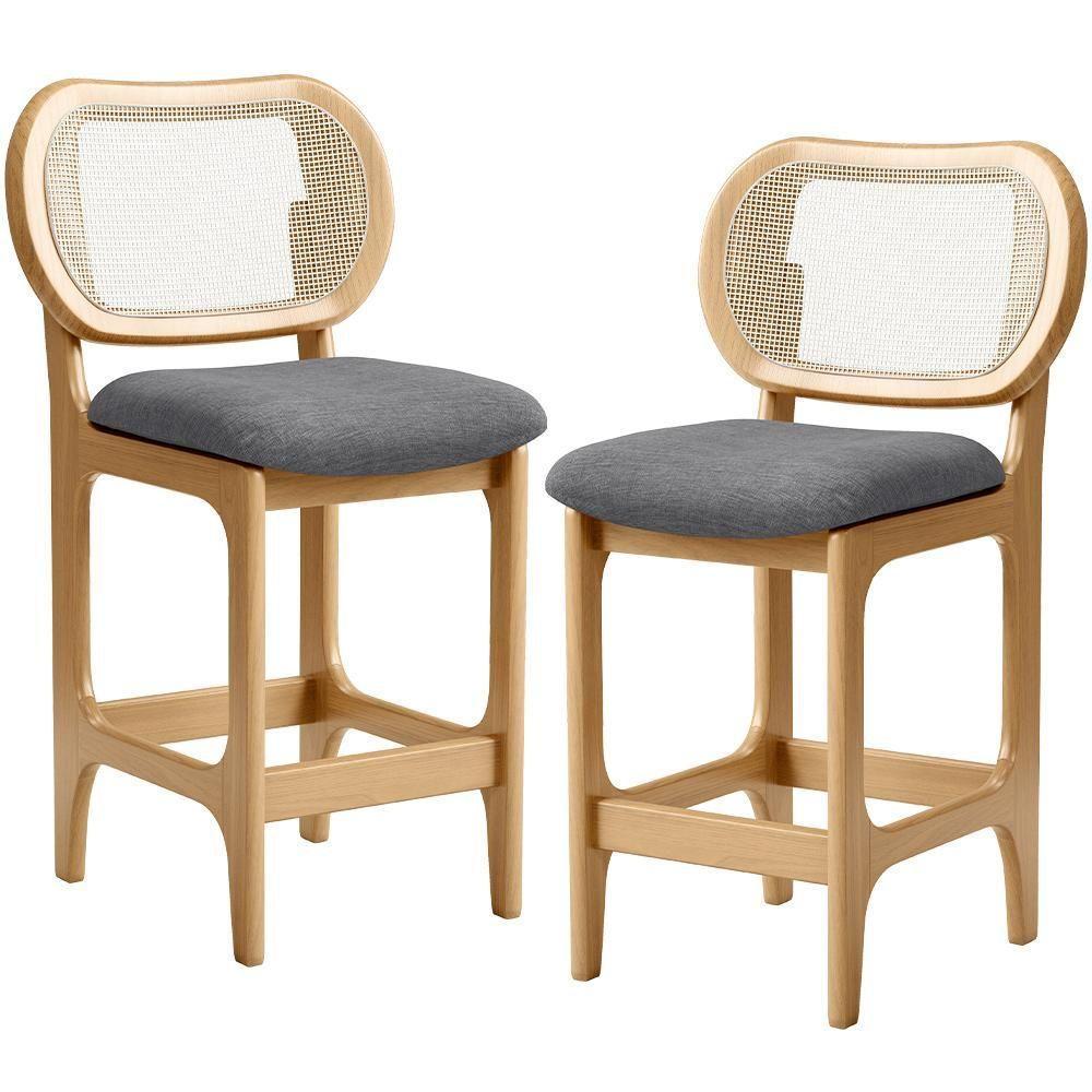 Kit 2 Banquetas Baixa Bar Cozinha Sala De Jantar Betta L02 Mel Tela Linho Cinza Escuro - Lyam Decor - 1