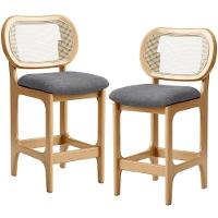 Kit 2 Banquetas Baixa Bar Cozinha Sala De Jantar Betta L02 Mel Tela Linho Cinza Escuro - Lyam Decor - 1