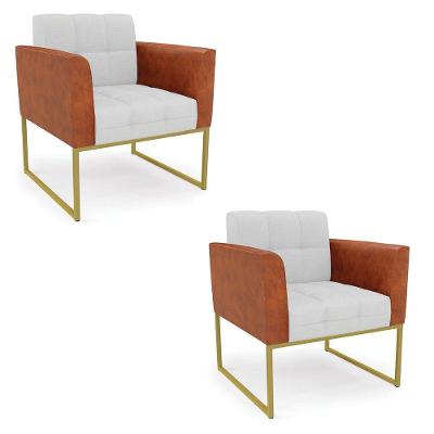 Poltrona Base Industrial Dourado Kit 2 Elisa Nozes-linho Cinza A05 D03 - D'rossi