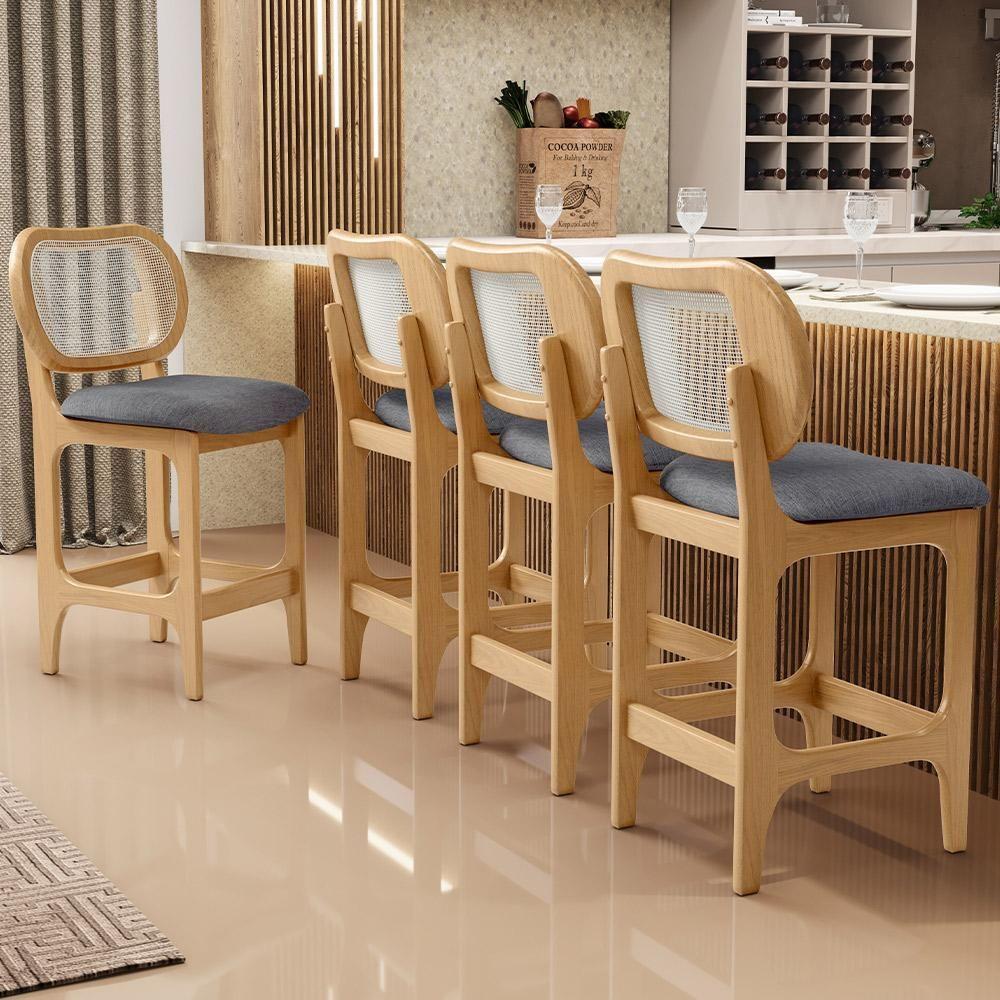 Kit 5 Banquetas Baixa Bar Cozinha Sala De Jantar Betta L02 Mel Tela Linho Cinza Escuro - Lyam Decor - 6