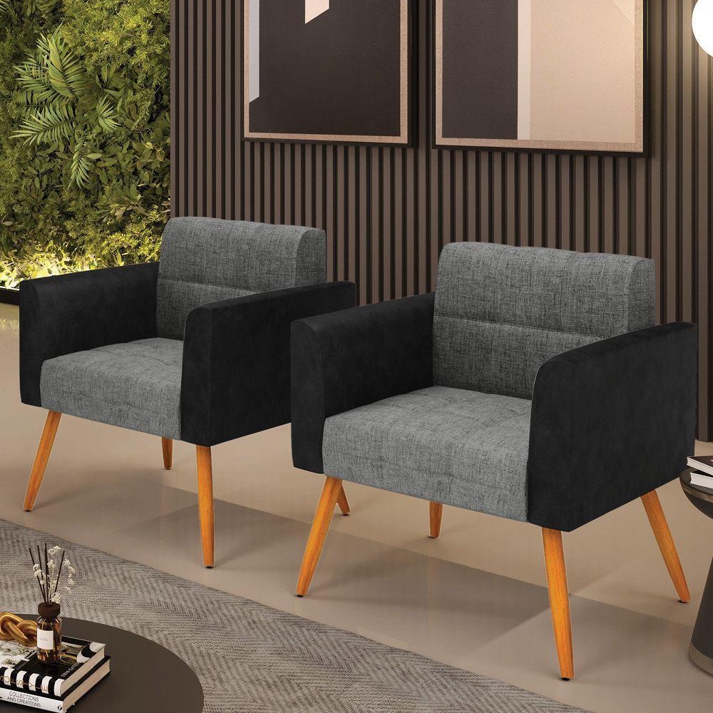 Poltrona Pés Palito Castanho Kit 2 Elisa Preto-linho Grafite A26 D03 - D'rossi - 6