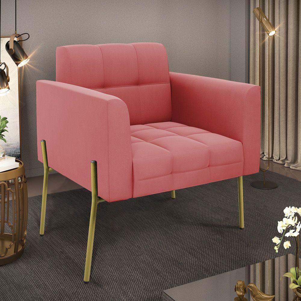 Poltrona Pé De Ferro Dourado Para Sala Elisa Suede D03 - D'rossi Cor Rose - 6