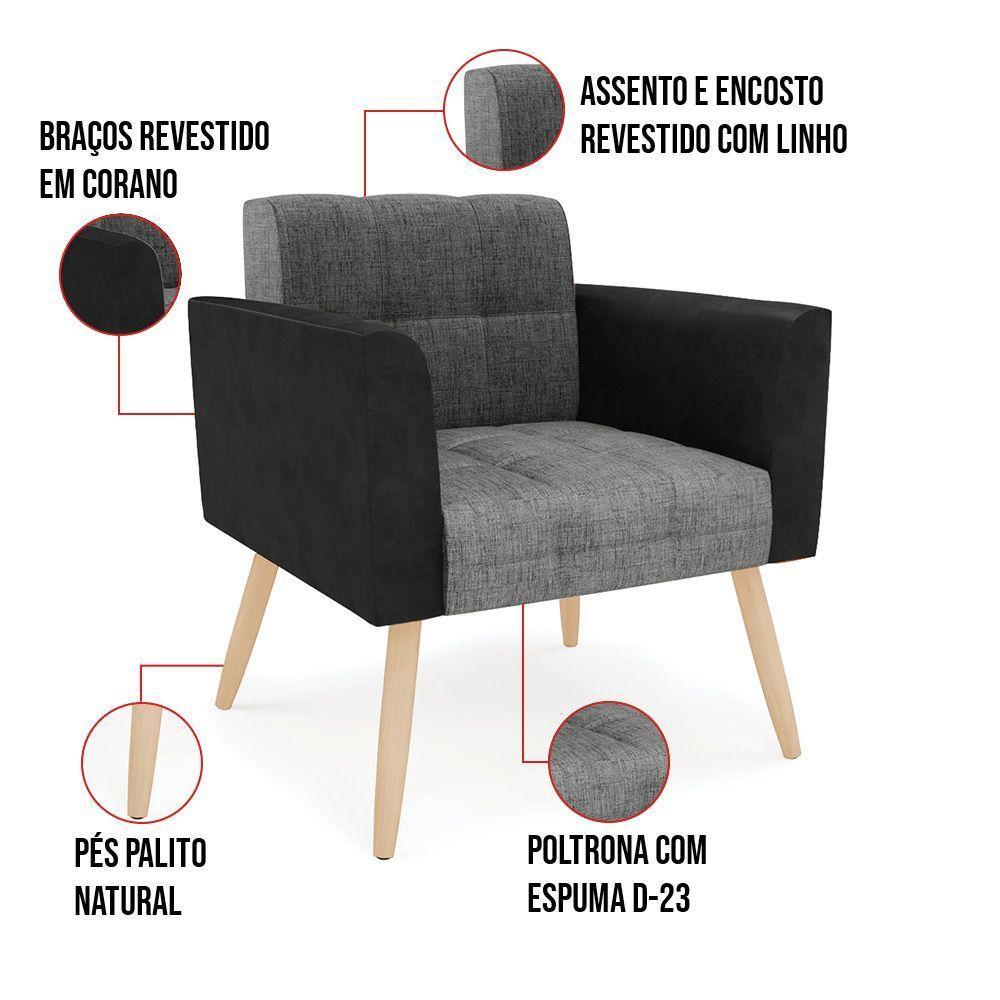 Poltrona Pés Palito Natural Elisa Preto-linho Grafite A26 D03 - D'rossi - 2